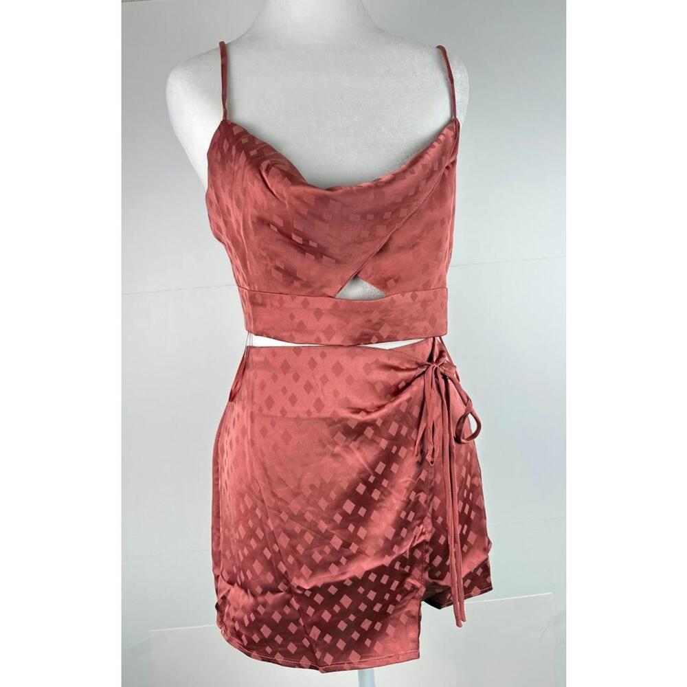 Lelis Collection Women’s Satin 2 Piece Set Rust Red Cowl Neck Crop Top & Shorts